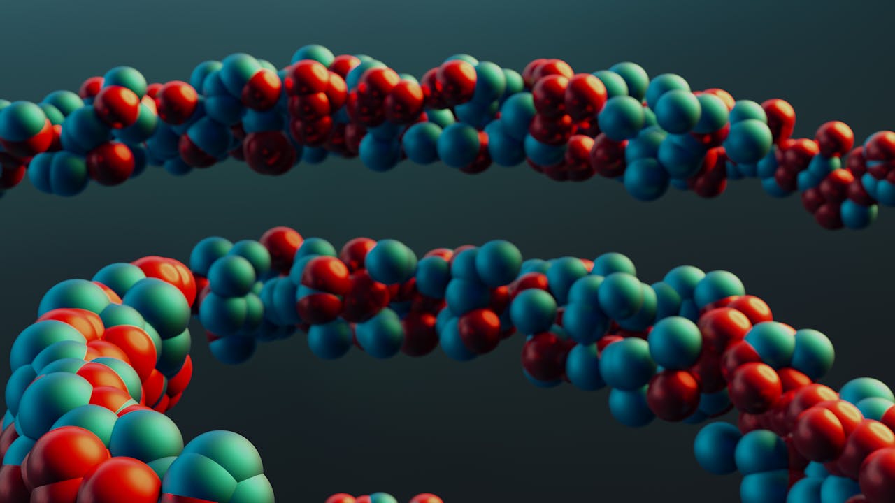 Vibrant closeup of a colorful molecular model illustrating abstract scientific concepts.